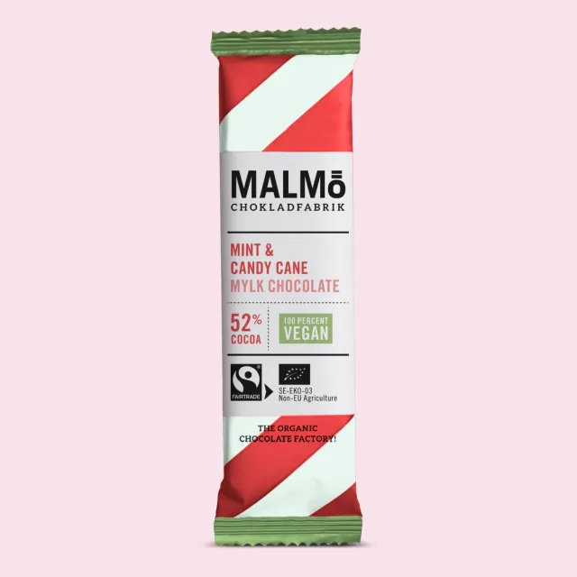 Malmö Chokladfabrik Mint Candy Cane 52% reep vegan 25 g