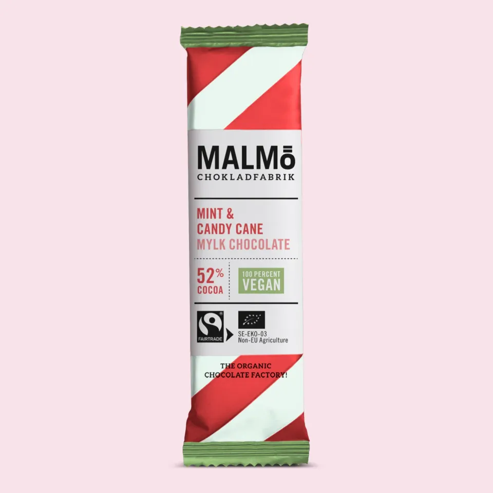 Malmö Chokladfabrik Mint Candy Cane 52% reep vegan 25 g