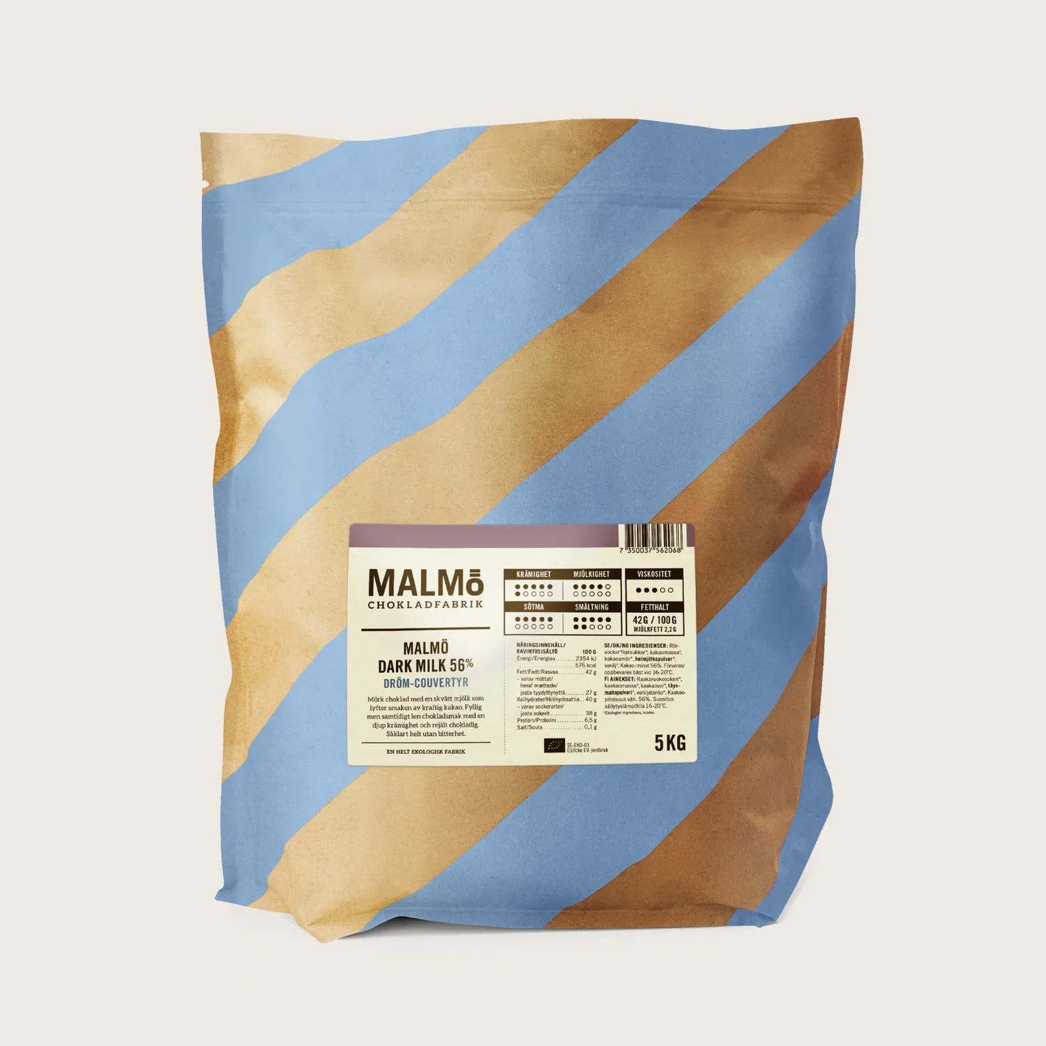 Malmö Chokladfabrik Dark Milk 56% couverture 5kg puur melk