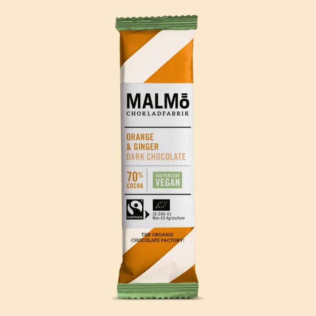 Malmö Chokladfabrik Orange Ginger 70% pure reep 25g sinaasappel