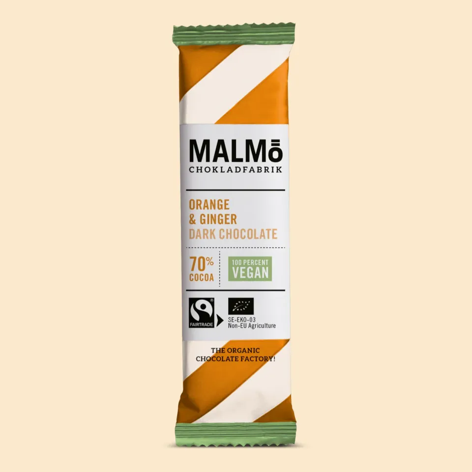 Malmö Chokladfabrik Orange Ginger 70% pure reep 25g sinaasappel