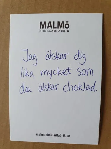 Malmö Chokladfabrik wenskaart cadeau met handgeschreven groet