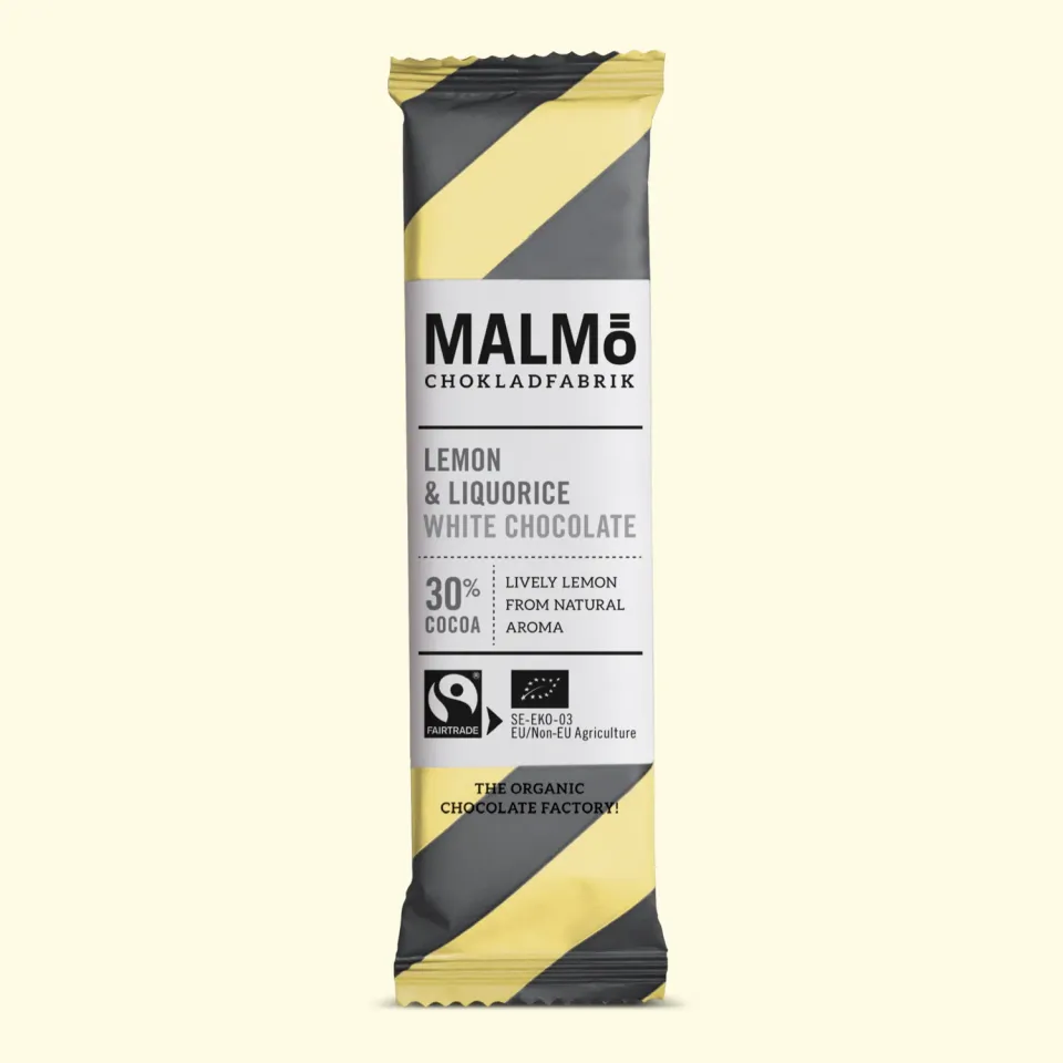 Malmö Chokladfabrik Lemon & Liquorice 30% chocoladereep 25g citroen