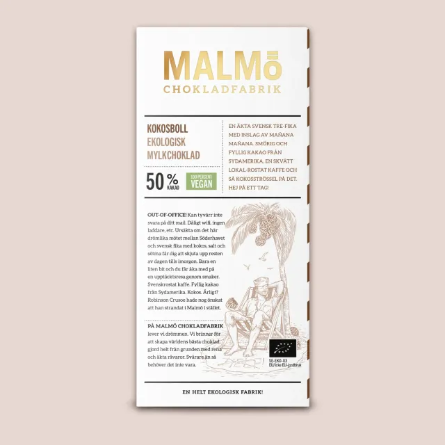 Malmö Chokladfabrik Kokosboll 50% chocoladereep 80 g vegan