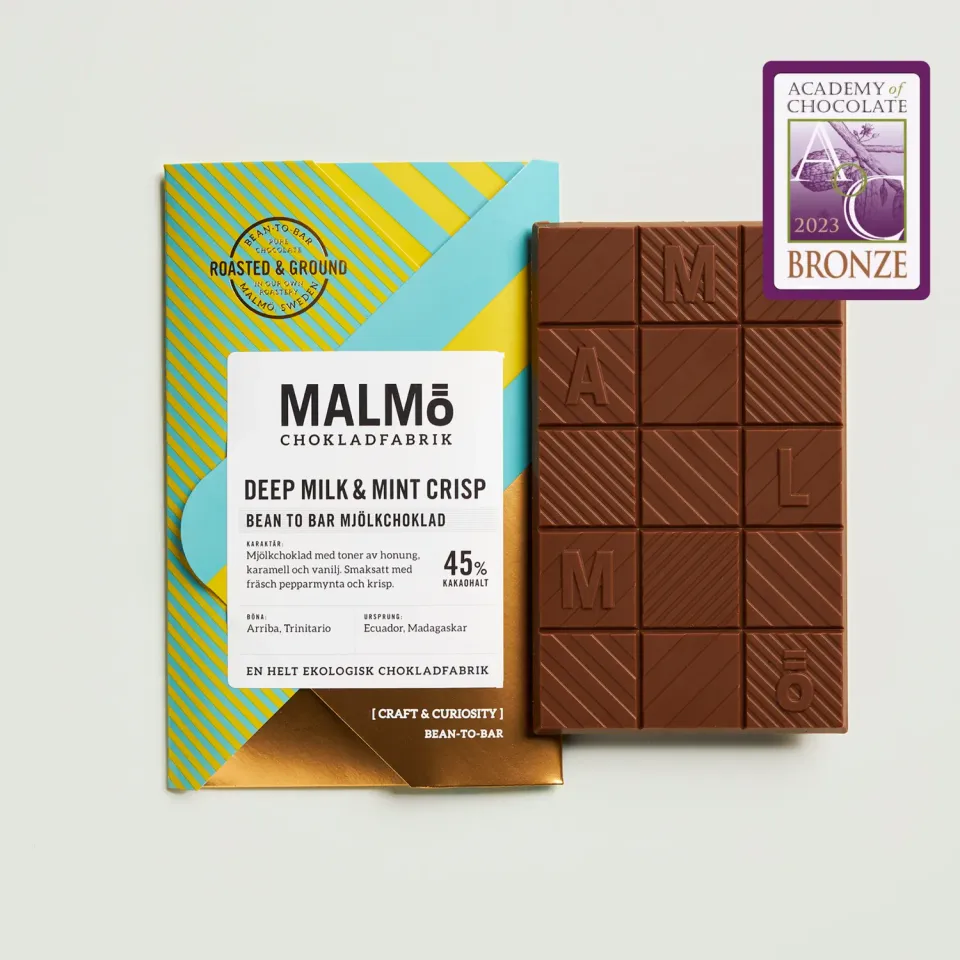 Malmö Chokladfabrik Deep milk mint crisp reep munt melk 58g