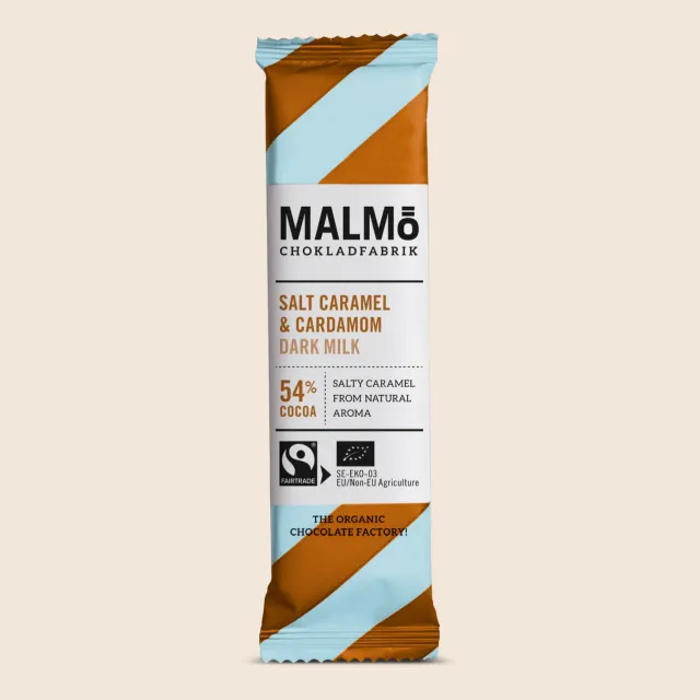 Malmö Chokladfabrik Salt Caramel & Cardamom 54% chocoladereep 25g donkere melk
