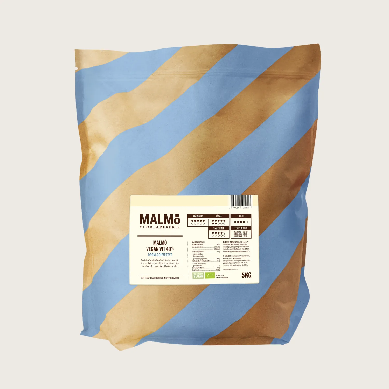 Malmö Chokladfabrik Vegan Wit 40% couverture 5 kg kokos