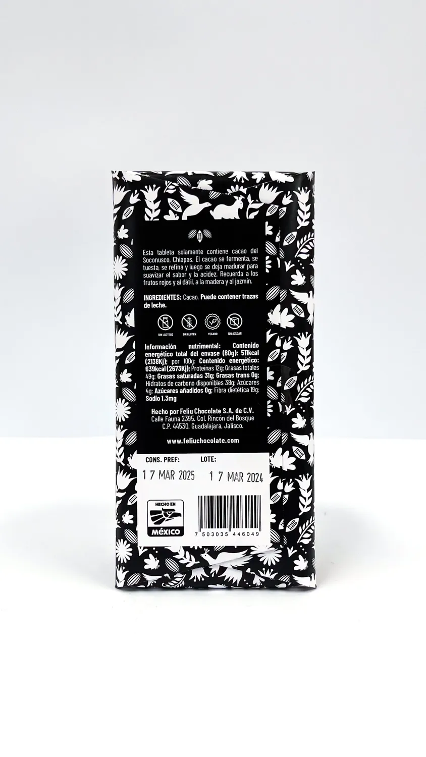 Feliu Chocolate Origen Soconusco 100% chocoladereep puur 80g
