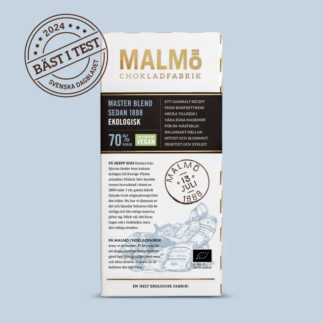 Malmö Chokladfabrik Master Blend 70% pure chocolade 80g vegan