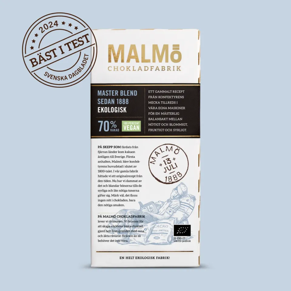 Malmö Chokladfabrik Master Blend 70% pure chocolade 80g vegan