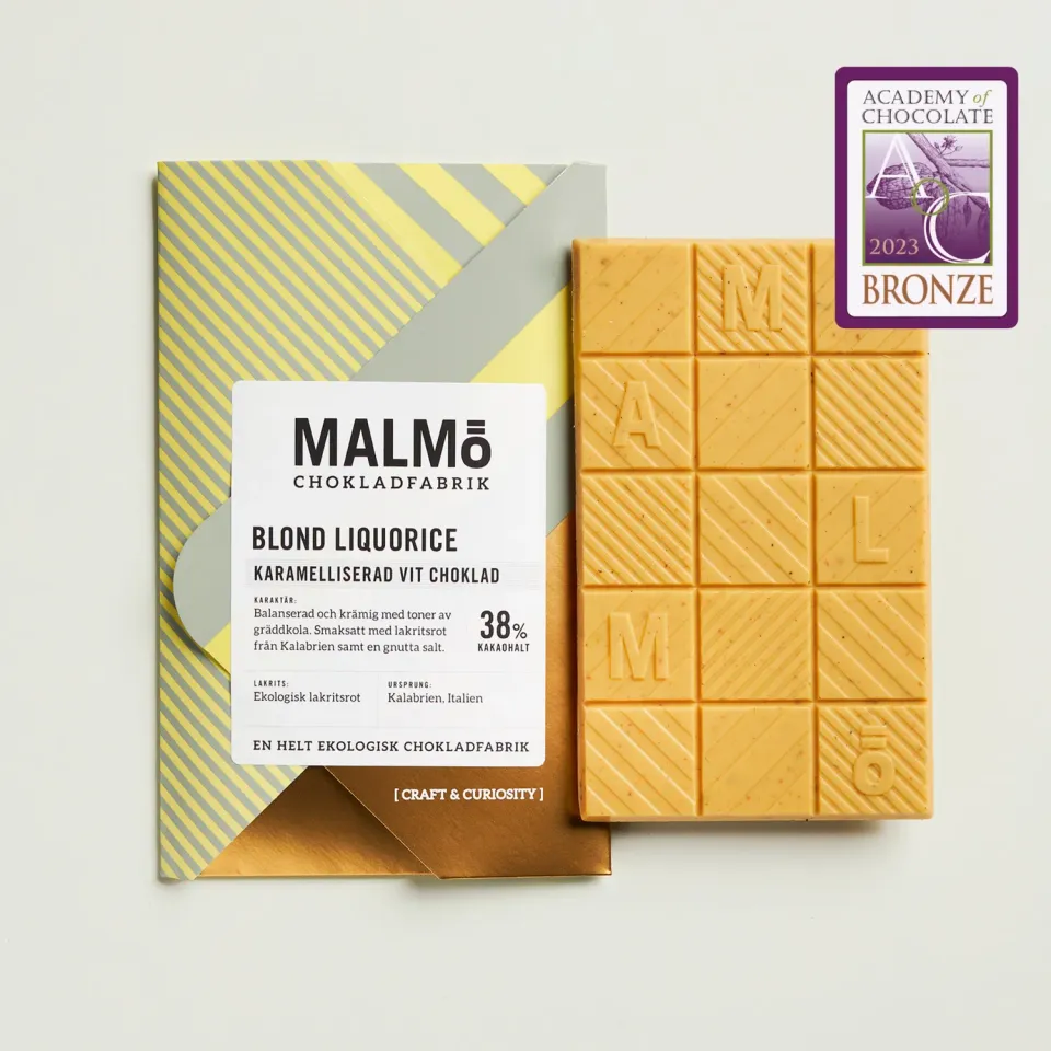 Malmö Chokladfabrik Blond Liquorice 38% witte reep 58g drop