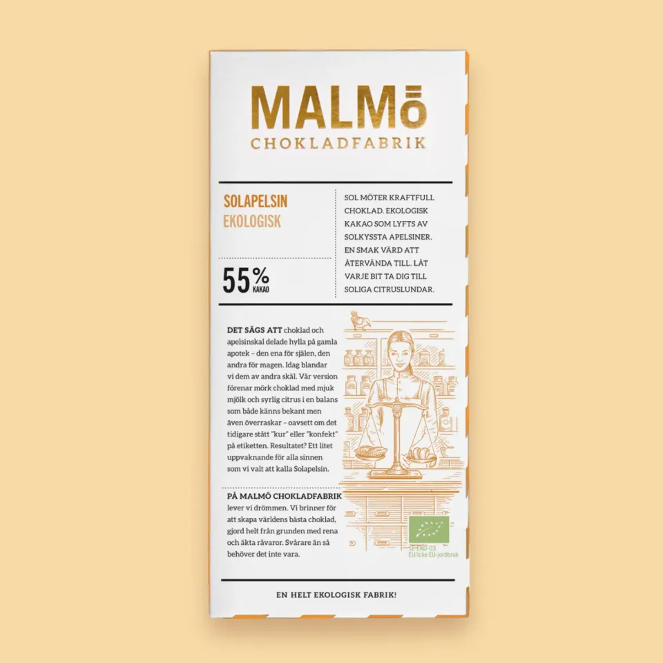 Malmö Chokladfabrik Solapelsin 55% chocoladereep 80 g sinaasappel