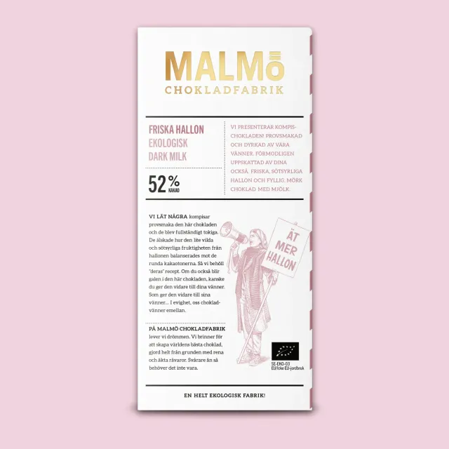 Malmö Chokladfabrik Friska Hallon 52% reep 80g framboos