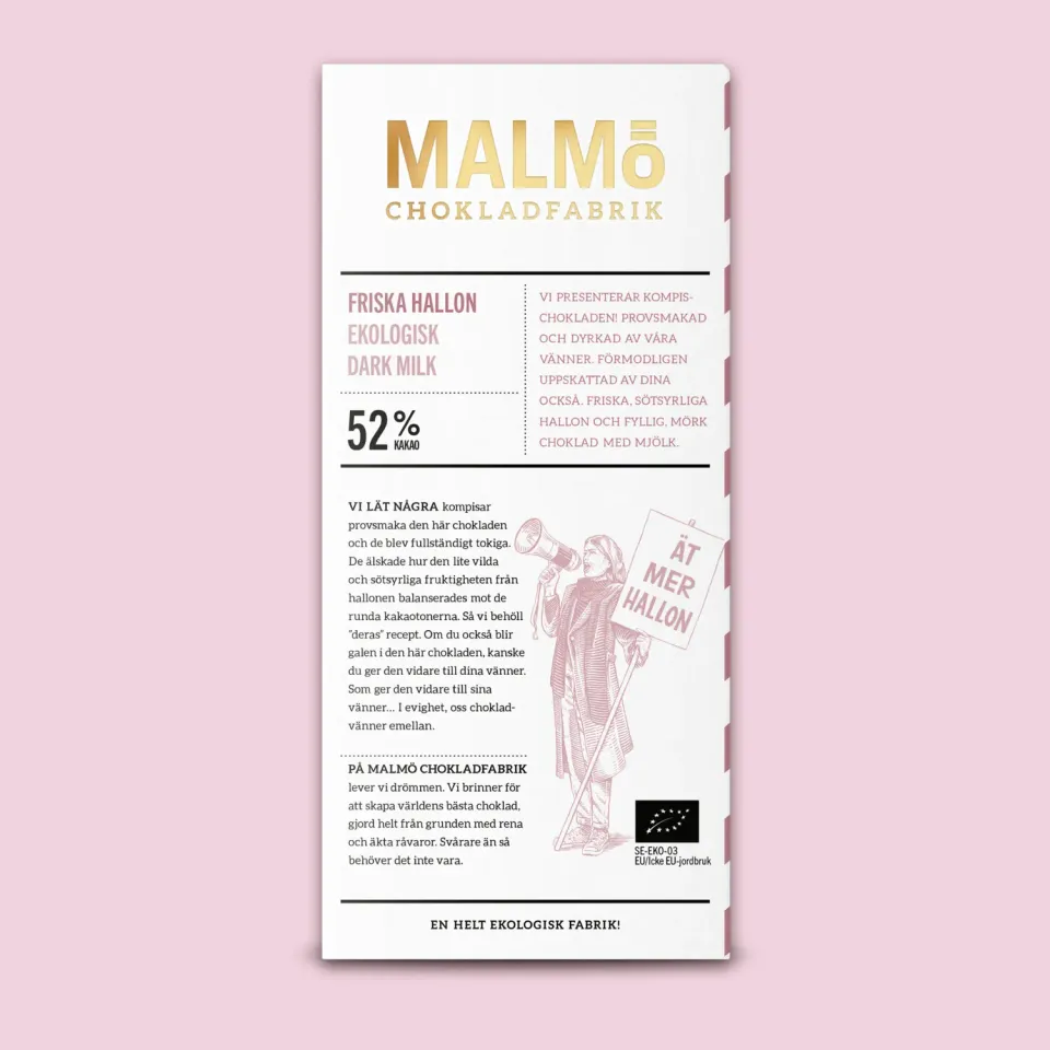 Malmö Chokladfabrik Friska Hallon 52% reep 80g framboos