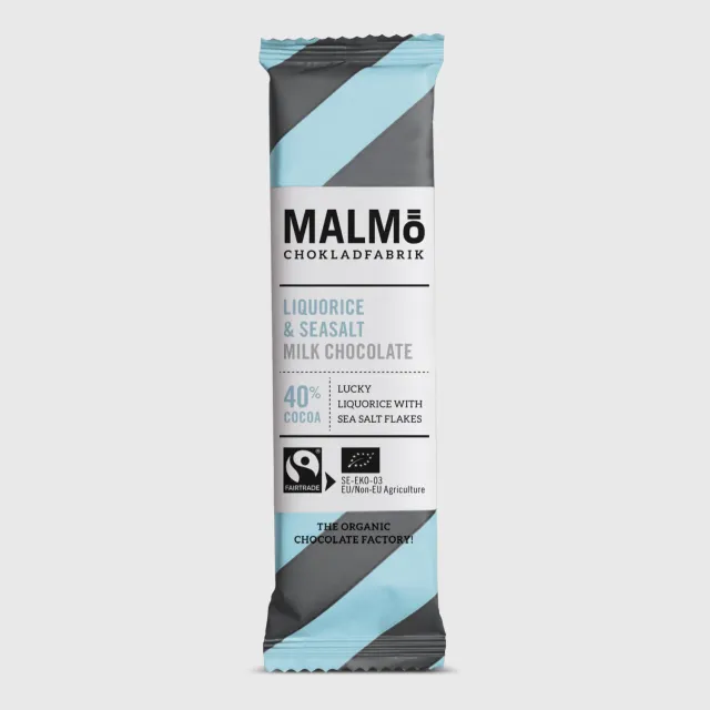 Malmö Chokladfabrik Liquorice & Sea Salt 40% reep 25 g drop
