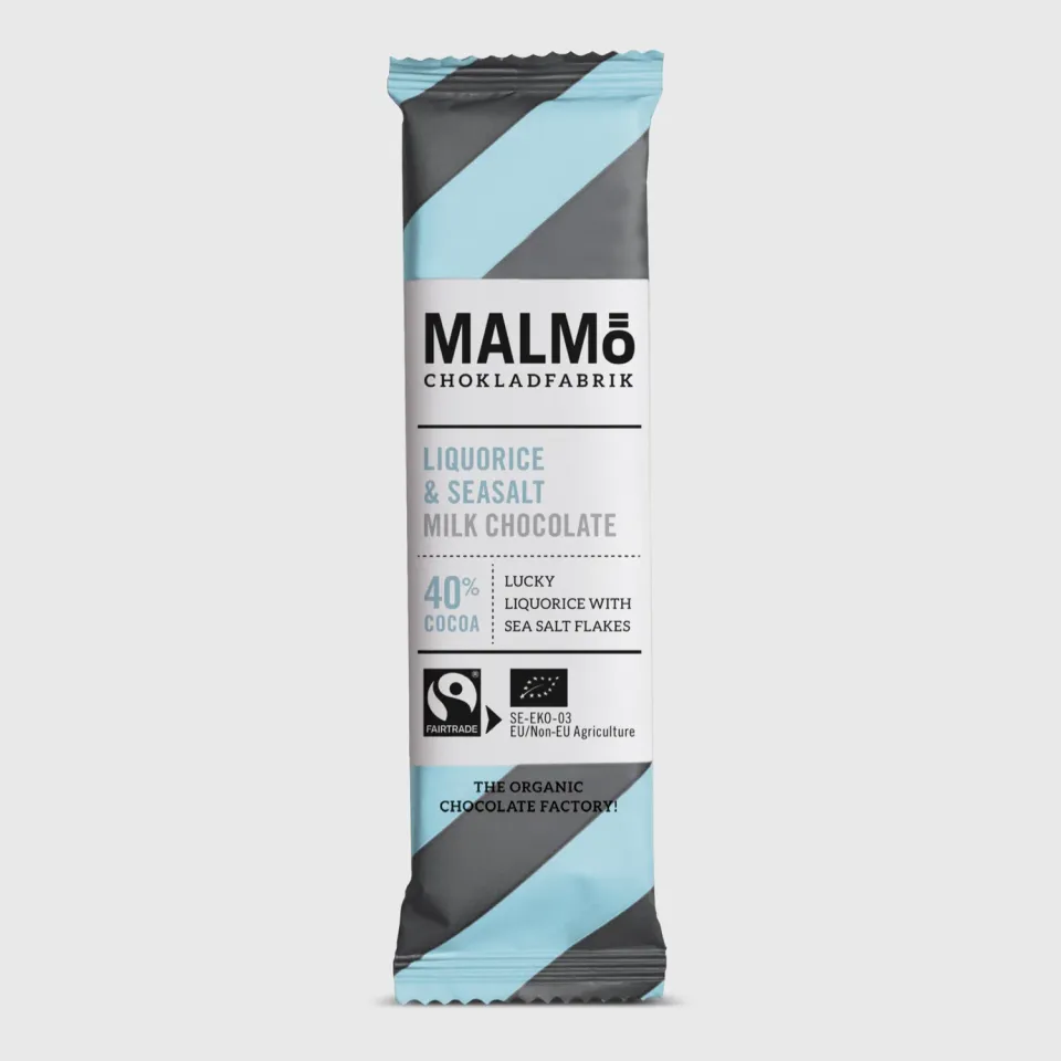 Malmö Chokladfabrik Liquorice & Sea Salt 40% reep 25 g drop